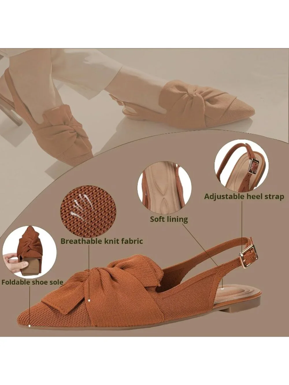 Women's Brown Ankle Strap Comfortable Pointed Toe Slip-On Knit Ballet Flat Shoes